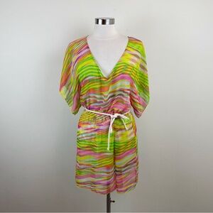 Becca By Rebecca Virtue Pink Green Orange Stripe Sheer Boho Beach Top Blouse